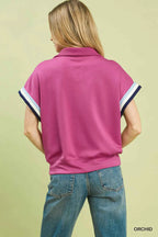 Umgee Blouse Orchid Pink Zip Front Casual Top with Contrast Stripe Trim 7c919fca-40f9-4ef4-8292-638c71f701b3-Max-Origin Trendsi