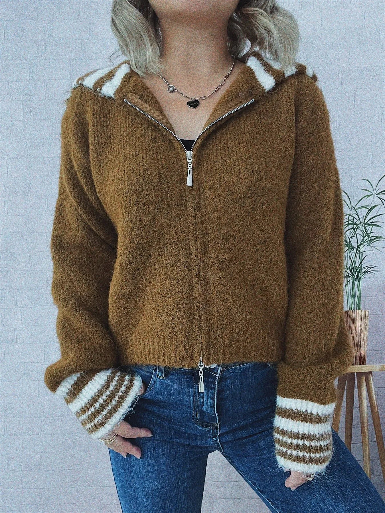 Women's Cardigan Striped Zip-Up Knit Long Sleeve Collared 7c9a08aa8cd54209b28babb47382aa04-Max-Origin Trendsi