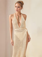 Cover-Up Dress Hollow Out Halter Neck Backless Sexy Side Slit Knit 7c9aa21c-18a0-4f3e-abaa-91921c193c84-Max Trendsi