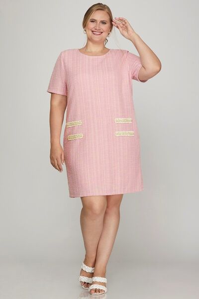 She + Sky Tweed Mini Dress Pearl Studded Trim Knit Pink Short Sleeve 7ca0d8af-b988-469a-a82b-4c48876324ad-Min Trendsi