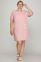 She + Sky Tweed Mini Dress Pearl Studded Trim Knit Pink Short Sleeve 7ca0d8af-b988-469a-a82b-4c48876324ad-Min Trendsi