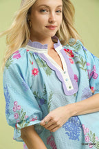 Umgee Womens Blouse Sky Blue Floral Puff Short Sleeve Top Scallop Trim Collar 7ca450ba-0b59-45d8-b121-542cc31ac97f-Max-Origin Trendsi