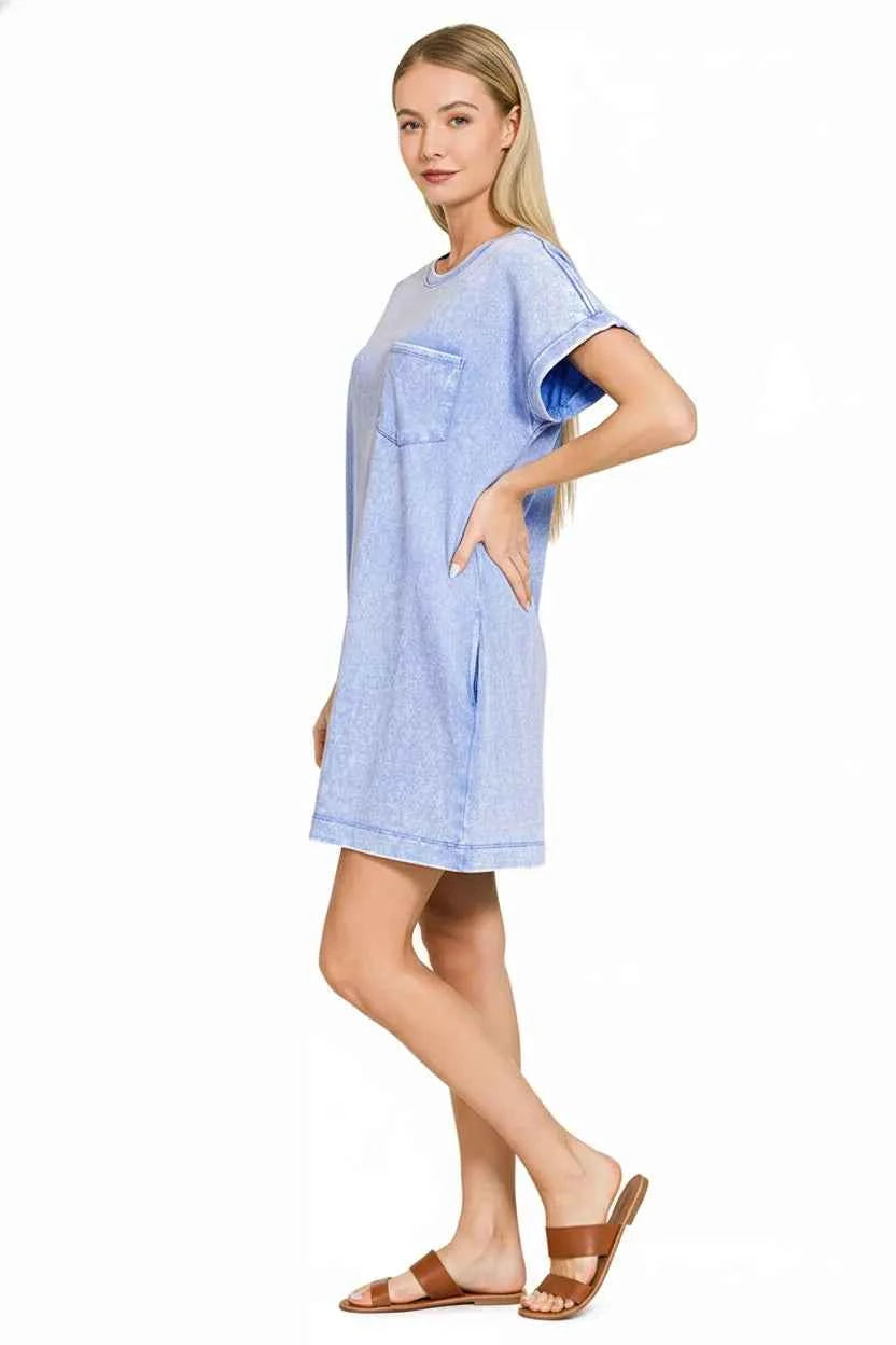 Zenana Premium T-Shirt Dress Blue Cotton Washed Short Sleeve with Pocket 7ca85dc7-06f4-4047-afd9-5216150aaaa5-Max-Origin Trendsi
