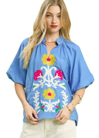 Umgee Blouse Blue Embroidered Boho Puff Short Sleeve Top CERULEAN 7caa53c6-8d9a-40ba-8c59-eb925ff874e8-Max-Origin Trendsi