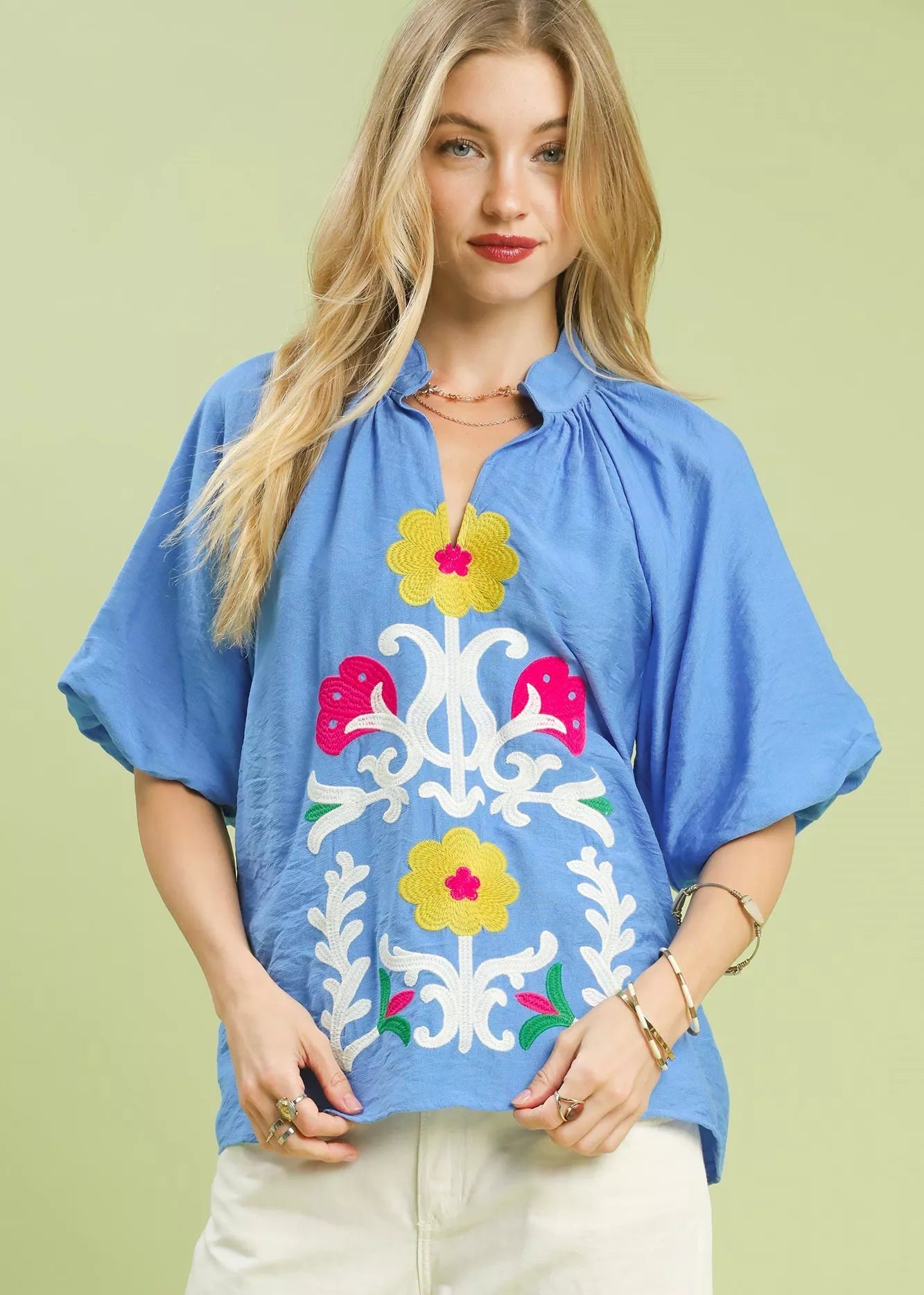 Umgee Blouse Blue Embroidered Boho Puff Short Sleeve Top CERULEAN 7caa53c6-8d9a-40ba-8c59-eb925ff874e8-Max-Origin Trendsi