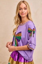 BiBi Womens Blouse Lavender Sequin Patched Ribbon Mardi Gras Theme Top 7cad0705456f4a739e800e5a69df66d5-Max-Origin Trendsi