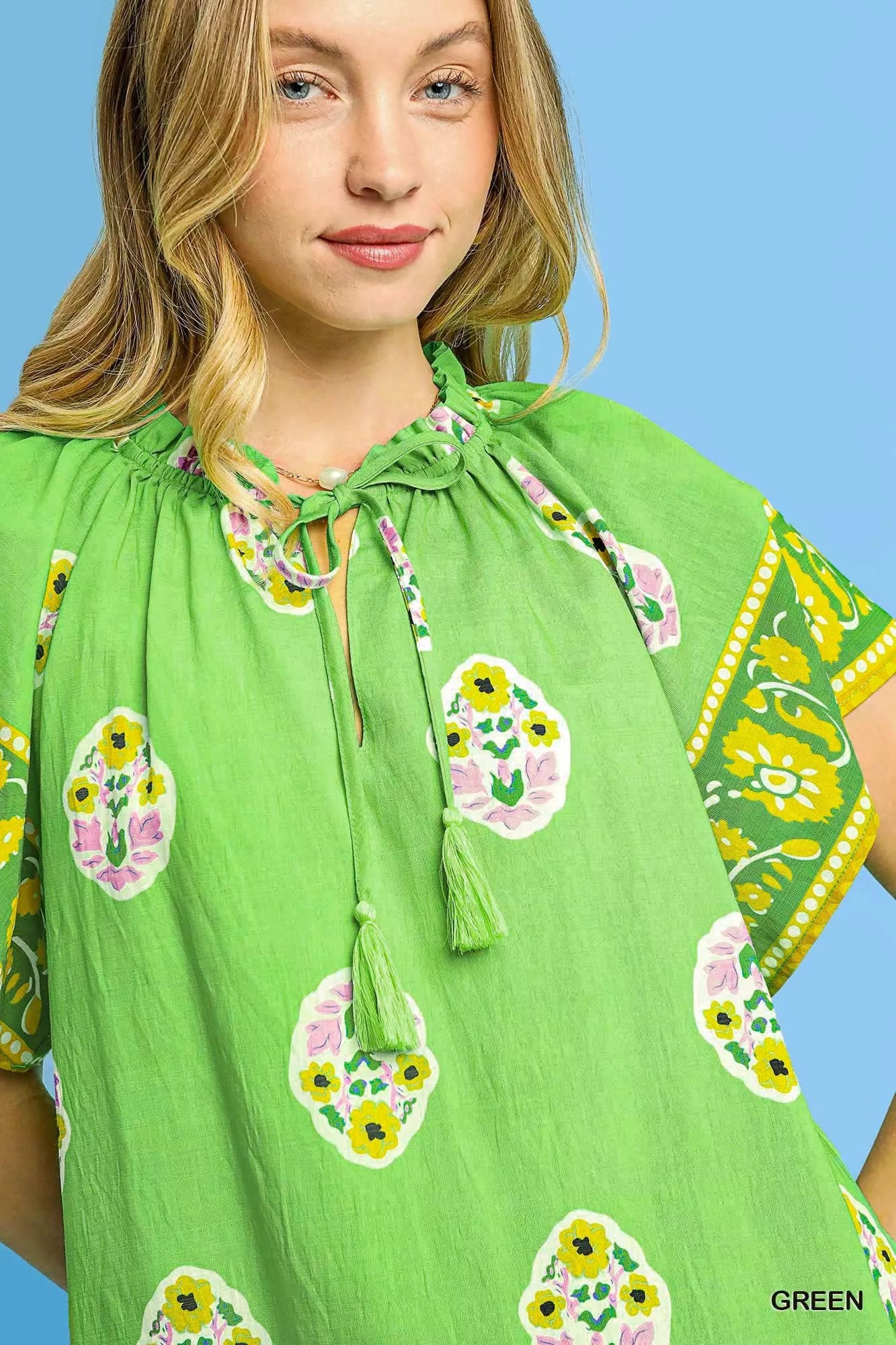 Umgee Blouse Green Boho Bloom Border Tied Top Short Sleeve 7cbae3e2-4392-448b-971f-265ae67db3df-Max-Origin Trendsi