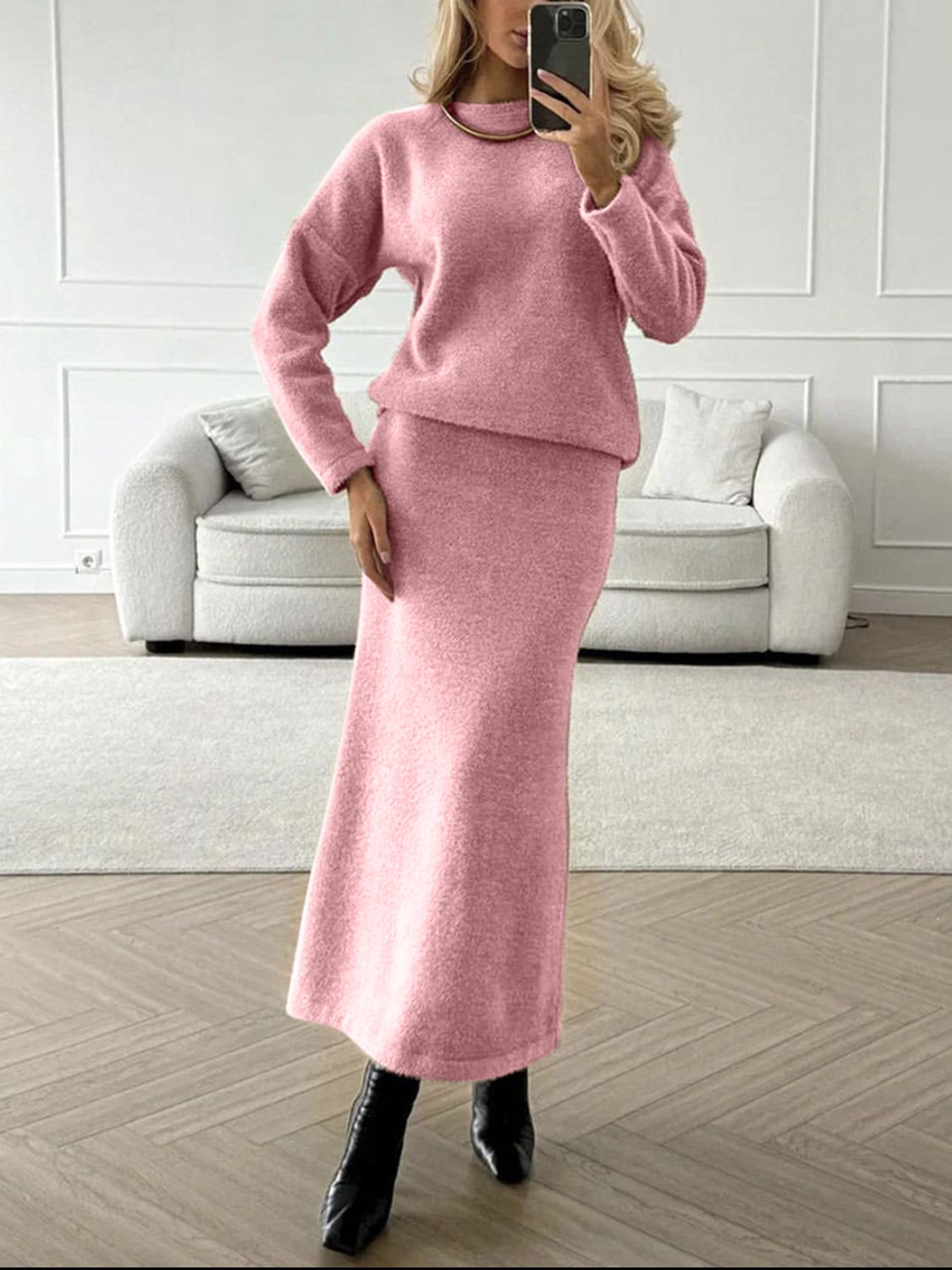 Women Sweater Set and Midi Skirt Knit 2 Pcs Soft Acrylic Long Sleeve Outfit Set