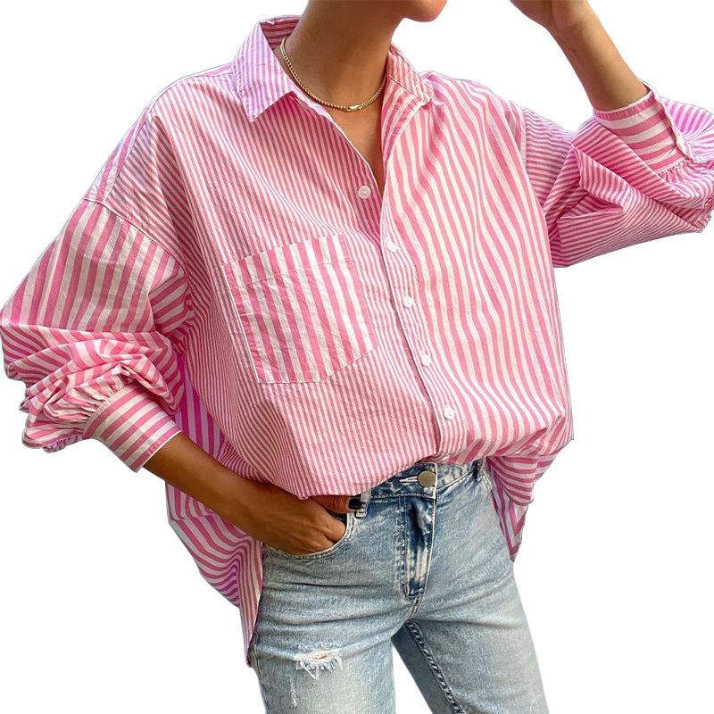 Women's Striped Shirt Button Down Long Sleeve Pink Pocketed Blouse Top 7cc1b27d46204f7e9080fbbfb619c884-Max Trendsi