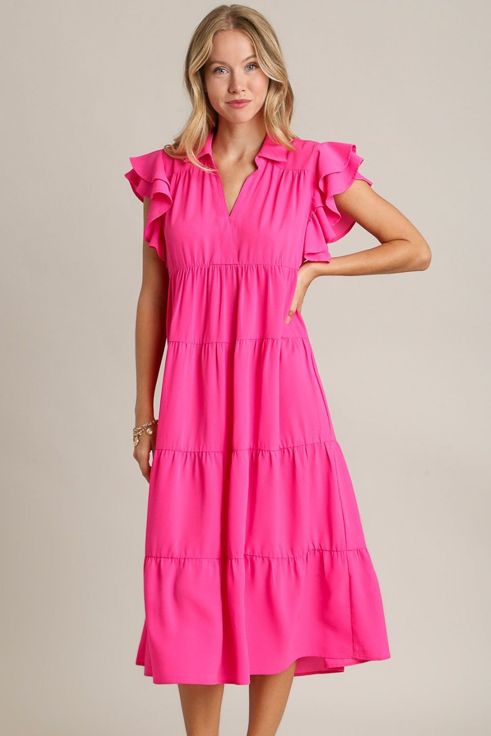 Umgee Ruffle Midi Dress Hot Pink Short Cap Sleeve Johnny Collar Hot Pink 7ccfede2-e662-4020-ab0c-09887f7004ec-Max Trendsi