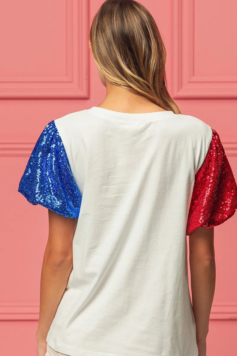 BiBi Cotton T-shirt Sequin American Flag Bow Top Short Puff Sleeve 7cd30f0f19dc4de2bbc75f0866193995-Max-Origin Trendsi