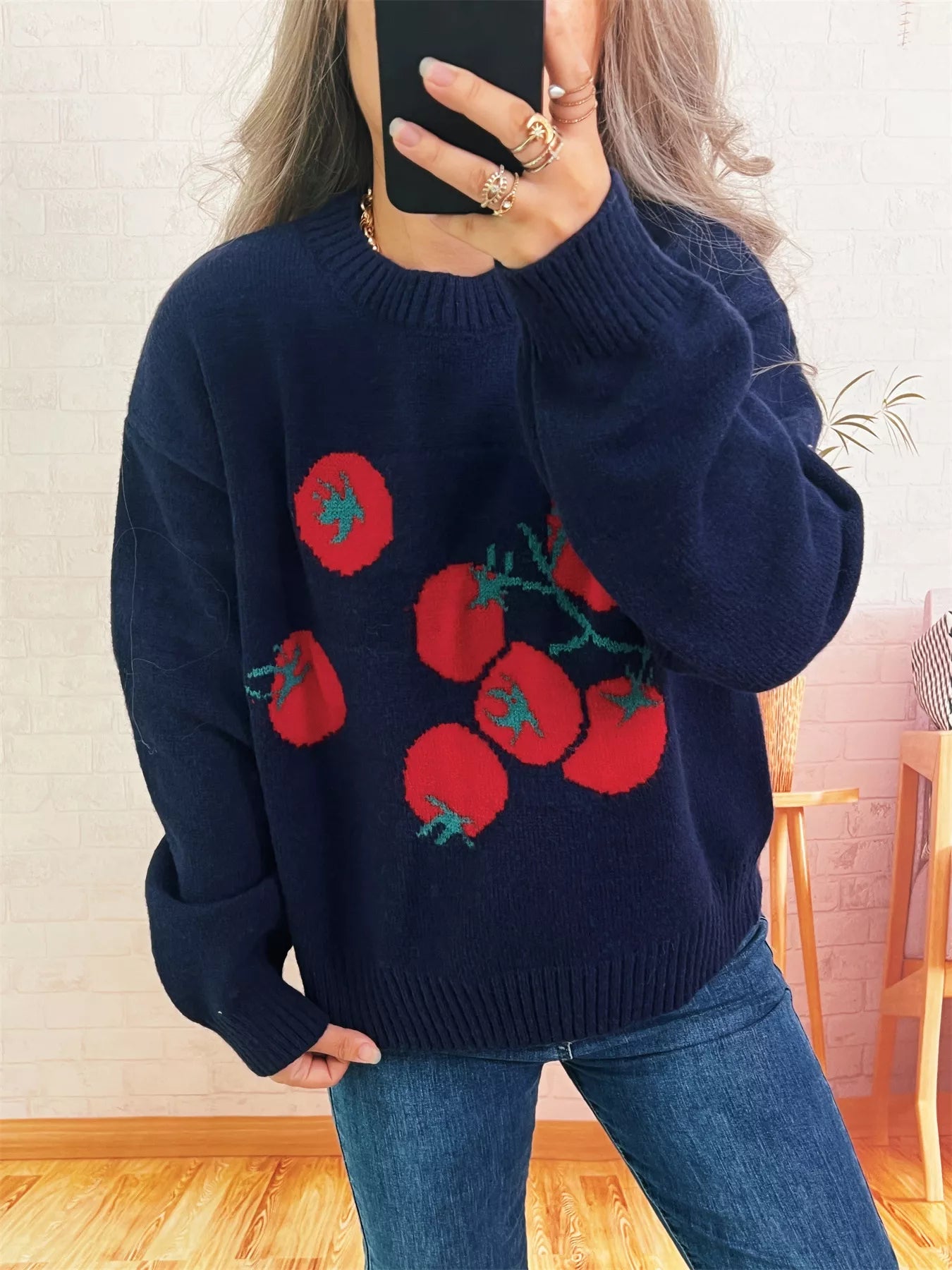 Women's Sweater Persimmon Round Neck Long Sleeve Pullover Navy One Size 7cd97b57b30f48ba8a0ac7353d4116ac-Max-Origin Trendsi
