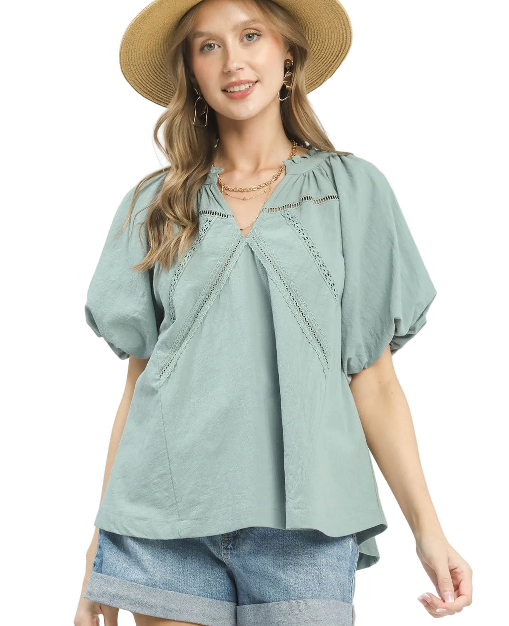 Umgee Lace Inset Puff Sleeve Boho Blouse