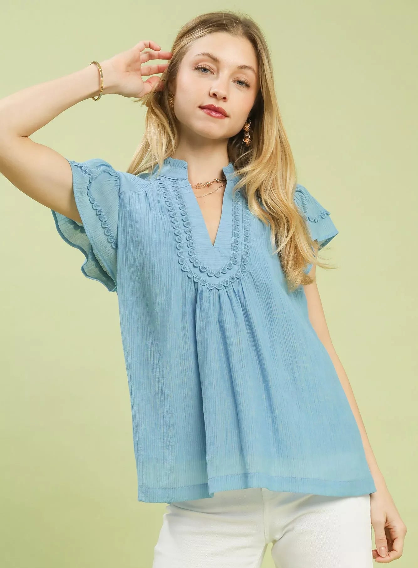 Umgee Blouse Blue Scalloped Trim Flutter Short Sleeve Top BLUE 7cdfe535-ef61-4c22-9085-25ccd00948a0-Max-Origin Trendsi