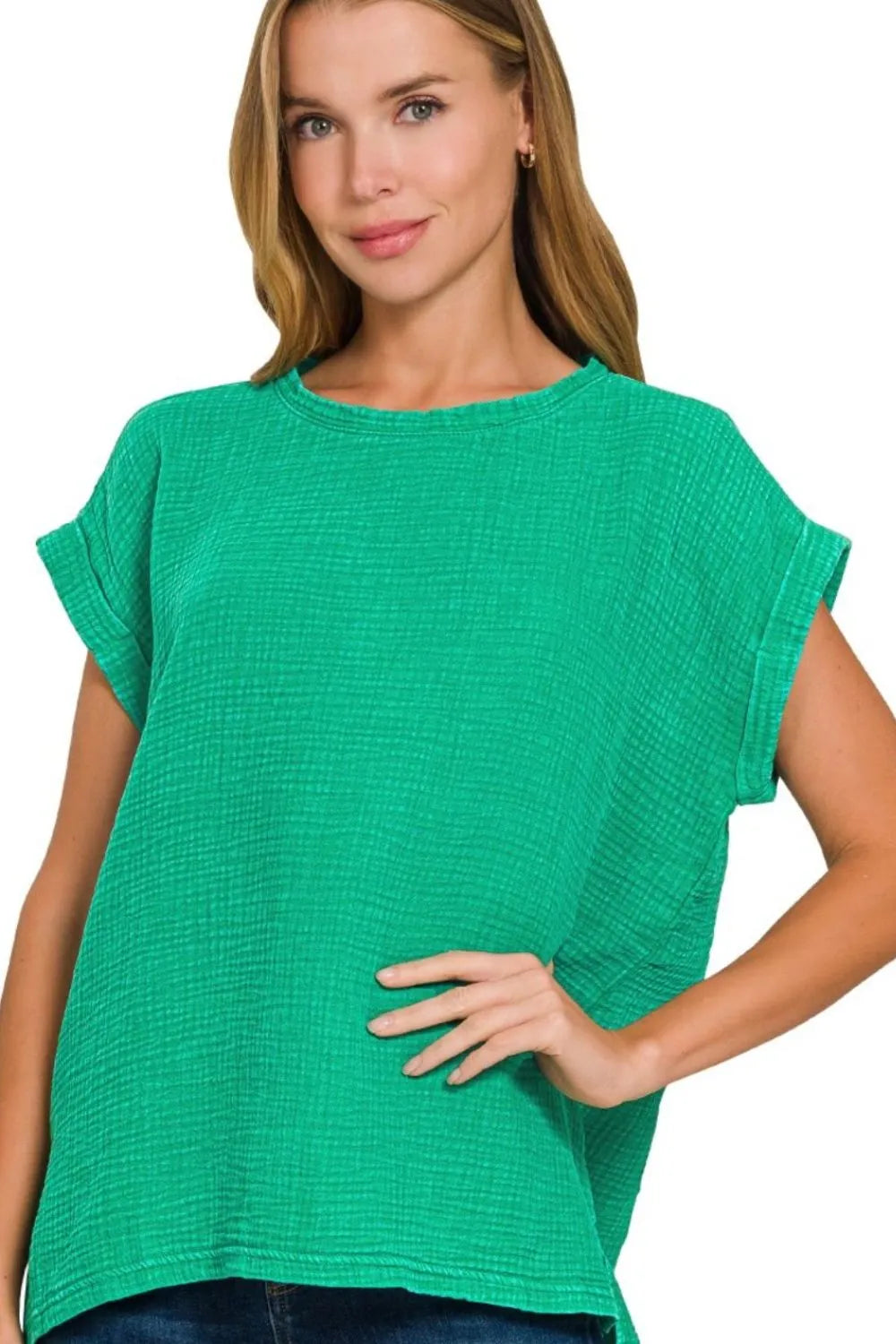 Zenana T-shirt Green Woven Double Gauze Acid Washed Short Sleeve Top K GREEN 7ce83e7e-d181-40ea-9032-e99dda4f0ce4-Max-Origin Trendsi