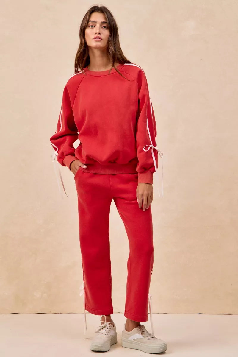 BiBi Womens Fleece Sweatshirt Red Side Lined Bow Details Top 7ce90f96892e4777836cf9103031eec1-Max-Origin Trendsi