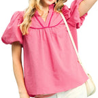 Umgee USA Strukturierte Freizeitbluse Rosa Puffärmel mit V-Ausschnitt Kontrastbesatz Top