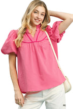 Umgee Textured Puff Sleeve Blouse with V-Neck and Contrasting Trim