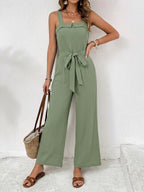 Tie Waist Wide Leg Jumpsuit with Zipper Closure