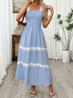 Striped Smocked Midi Dress with Lace Trim
