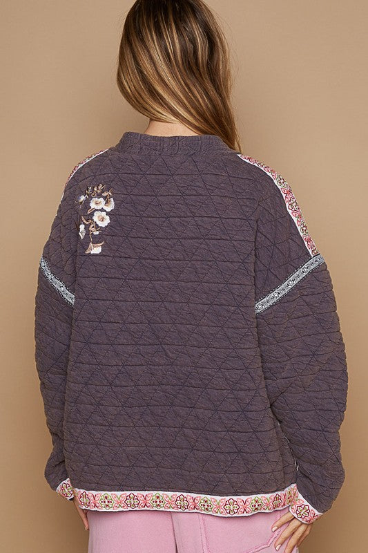 POL Quilted Jacket Mauve Floral Embroidered Open with Crochet Pockets