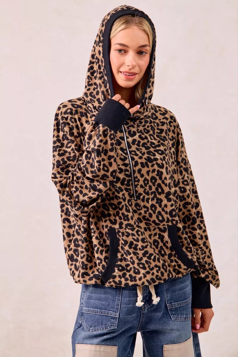 BiBi Leopard Print Hoodie Womens Waffle Half Zip Up With Pockets 7d02c005c9884867b767f6cc694a4d67-Max-Origin Trendsi