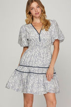 She+Sky Mini Dress Teel Floral Printed V Neck Puff Short Sleeve Tiered Plus Siz Deep Teal 7d04af48-8159-4fd1-96a7-ecf3f1519c80-Min Trendsi