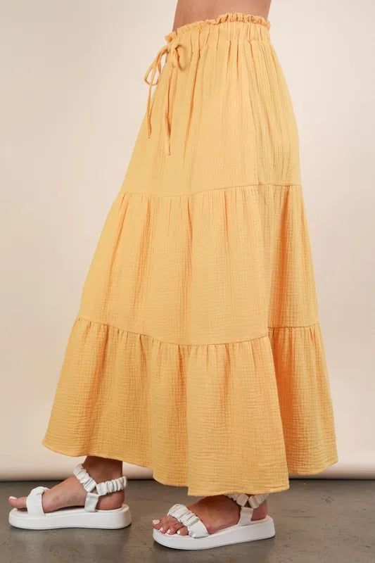 VERY J Maxi Skirt Yellow Ruffle Layered Elastic High Waist Tiered