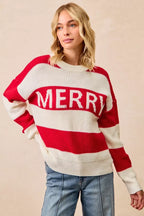 BiBi Christmas Women's Sweater Ivory Red Stripe Merry Lettering Oversized 7d2bc8eb806444938fbd6ab81346d55f-Max-Origin Trendsi