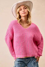 BiBi Womens V-Neck Sweater Pink with Colorful Trim 7d30bbde898d47f19983eb9d553aabab-Max-Origin Trendsi