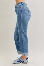 Judy Blue Jeans High Waist Bf Criss-cross Mild Destroy with Single Cuff 7d33c4a9f8cf4196861a76f05fcbe47e-Max-Origin Trendsi