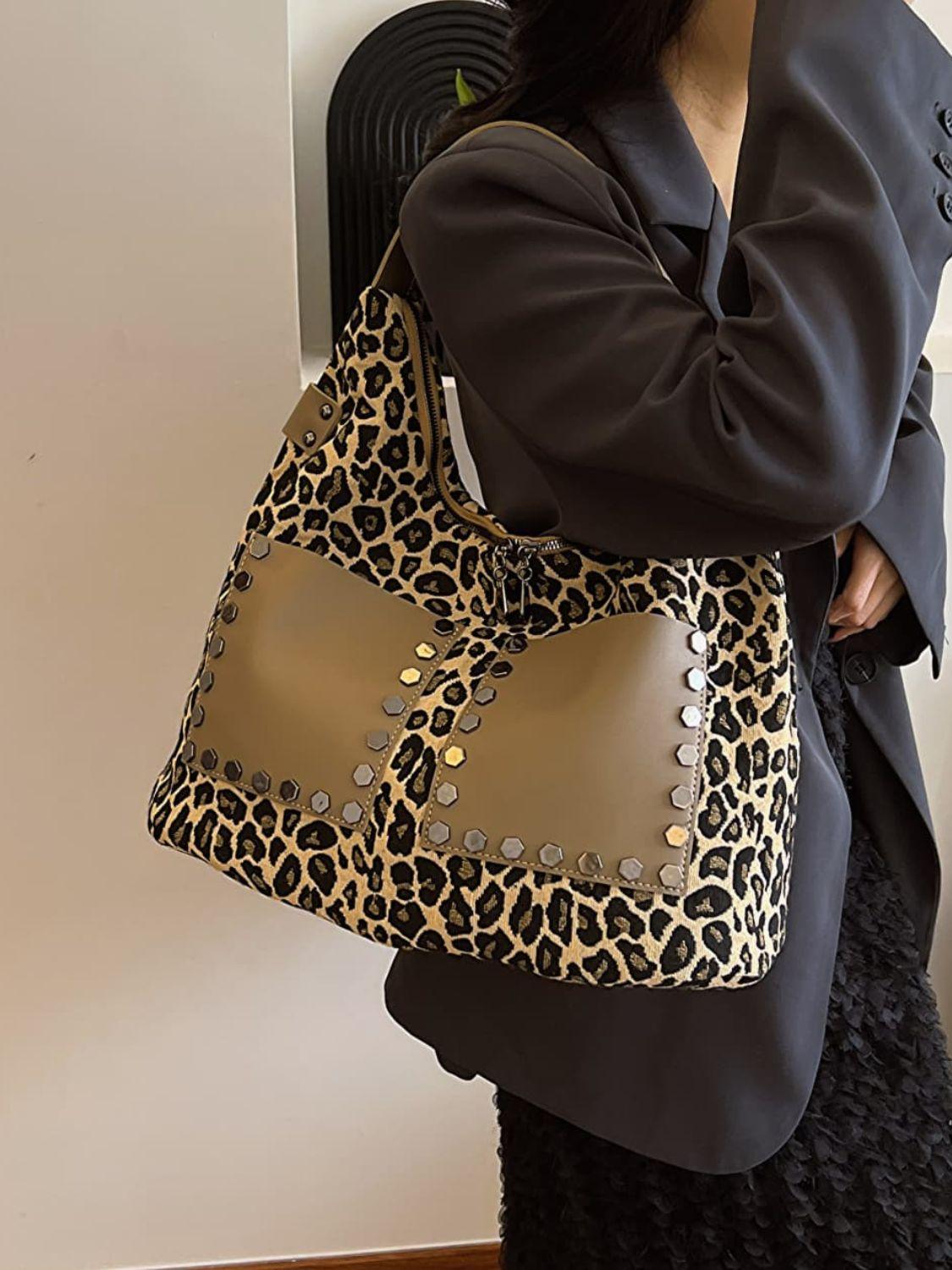 Leopard Polyester Large Shoulder Bag with Stud Beaded Leather Pockets