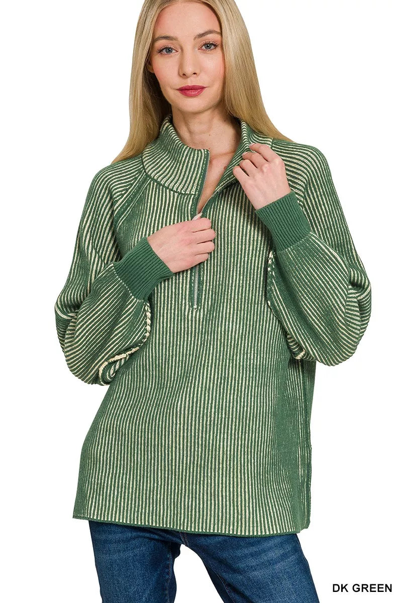 Zenana Womens Sweater Green Ribbed Two Tone Half Zip 7d4a15c4eb3f4579abb38c95cad2d9dd-Max-Origin Trendsi