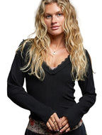 POL Black Ribbed Top V-Neck Long Sleeve with Lace-Accent Neckband Women's Blouse