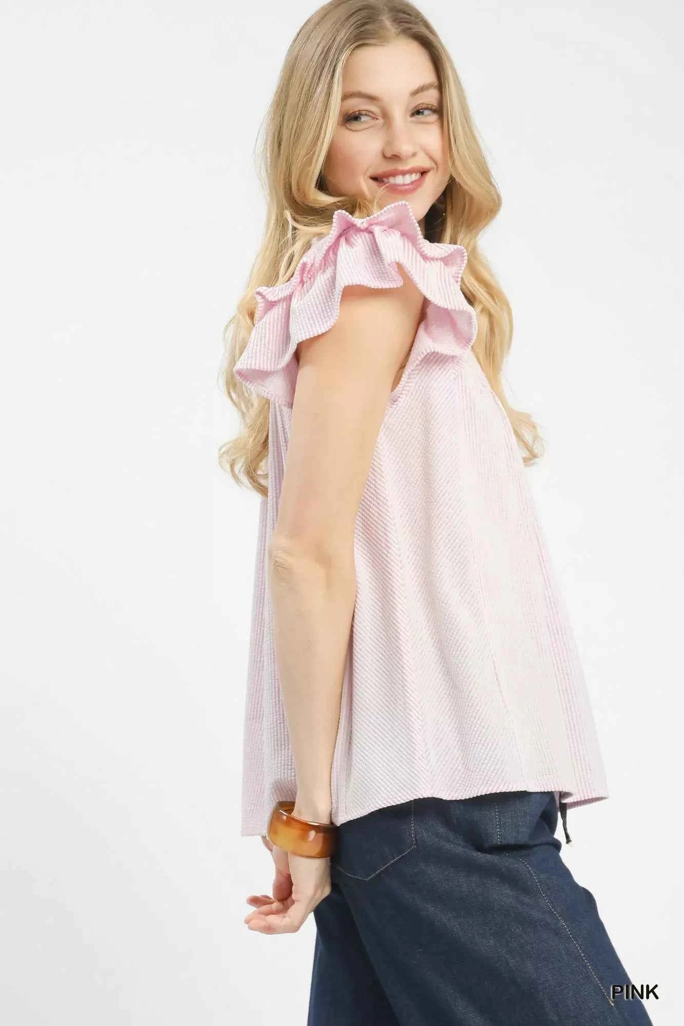 Umgee Blouse Textured Pink Ruffled Sleeve Short Sleeve Top 7d4e752f-6cbe-463b-948b-f7585226b011-Max-Origin Trendsi