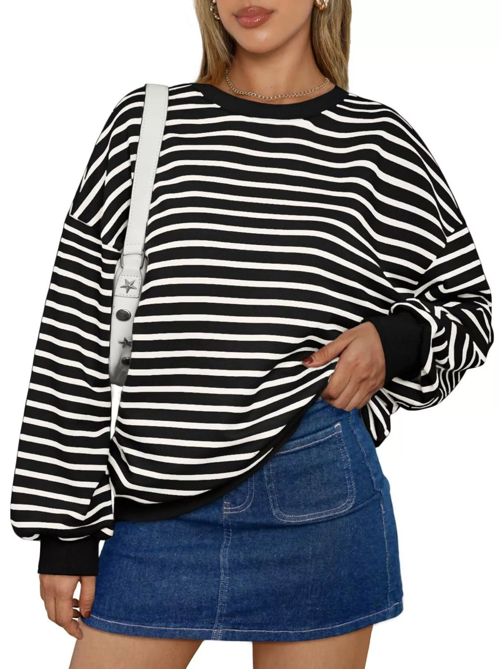 Women's Sweatshirt Striped Round Neck Oversized Casual Pullover 7d50e76f357c45ae911e56480a303403-Max-Origin Trendsi