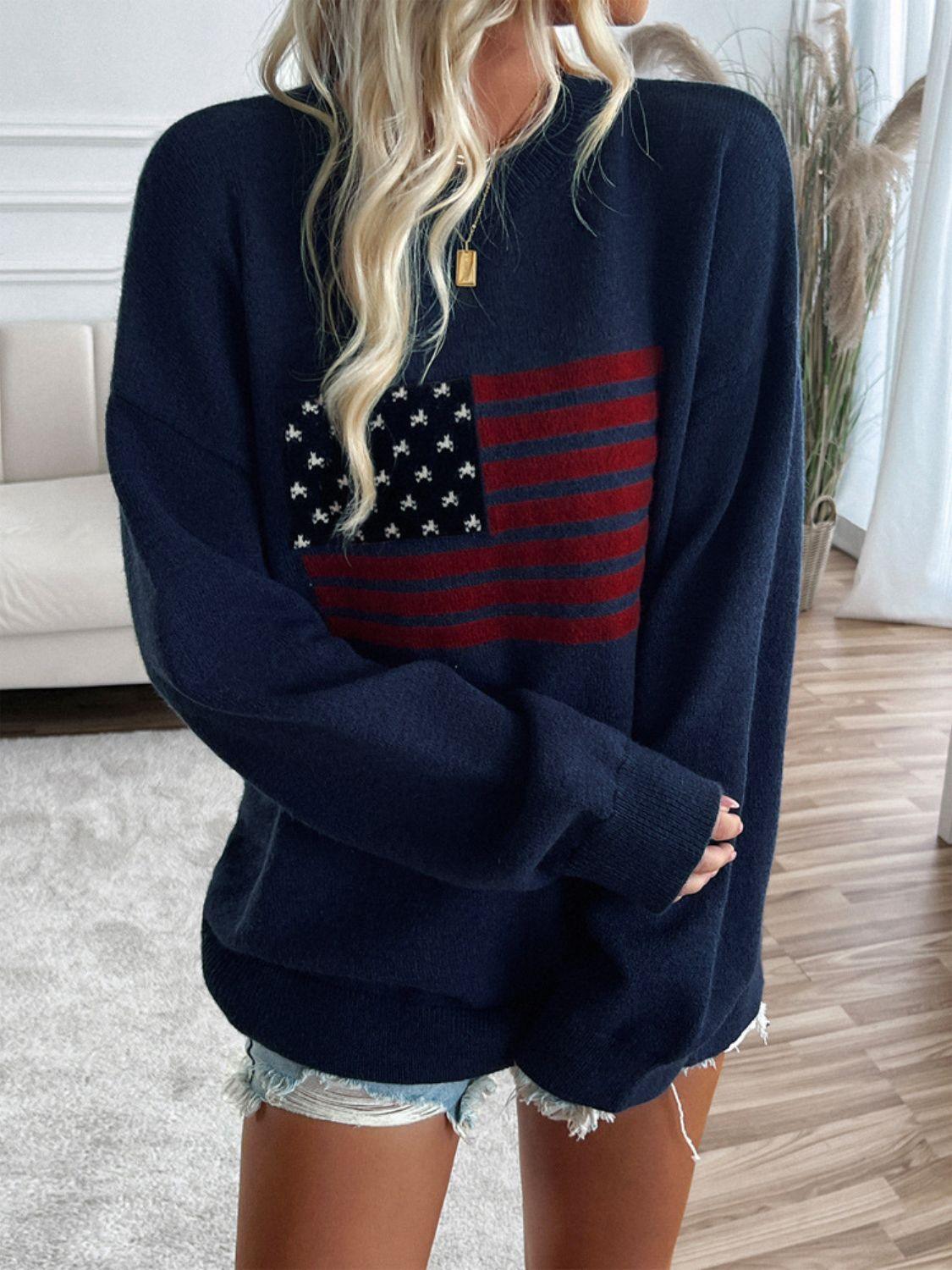 Knit Top US Flag Round Neck Long Sleeve Knitwear 7d6db985-10ec-4f40-87f9-399fa0e75ede-Max Trendsi