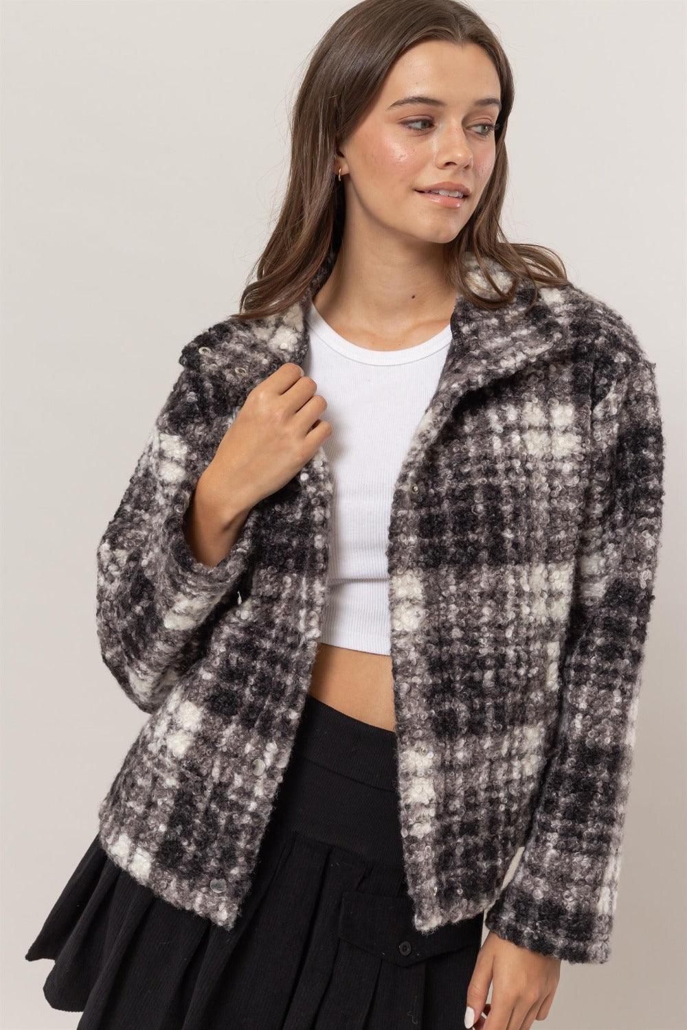 HYFVE Plaid Jacket Collared Neck Boucle with Pockets Long Sleeve Black 7d6ef4fa-9a0c-4543-af0d-0aaa498dd09b-Max Trendsi