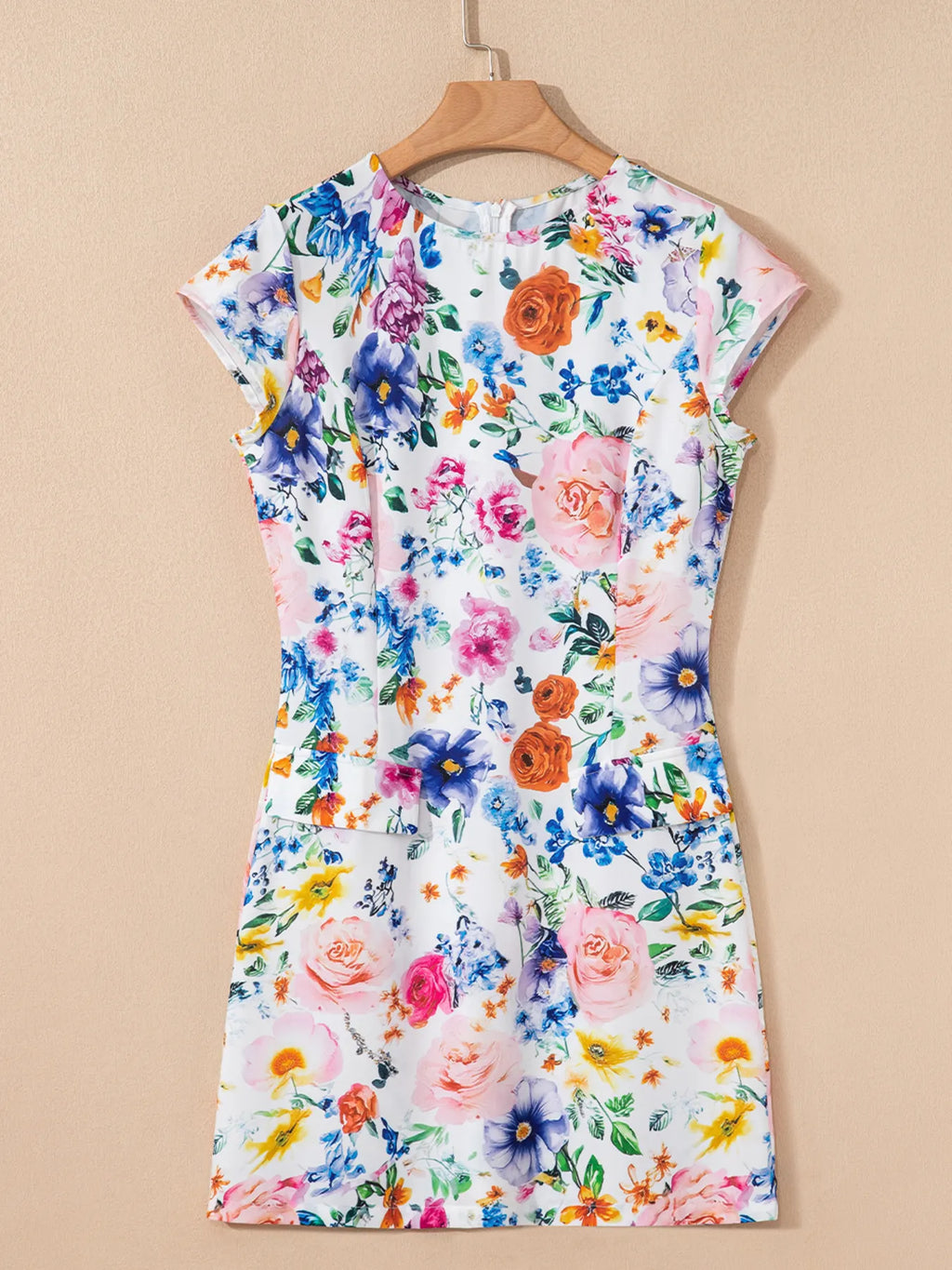 Floral Mini Dress Cap Short Sleeve Round Neck Back Zipper 7d71e19758494e9ab7a1905dec5a5f9b-Max-Origin Trendsi