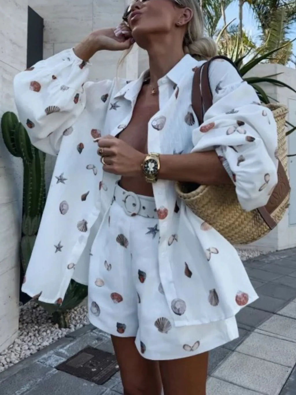 Women's Outfit Set Shell Print Long Sleeve Shirt and Belt Shorts 2 Pcs 7d7e340a-90e0-4d38-9484-a0cca5602255-Max-Origin Trendsi
