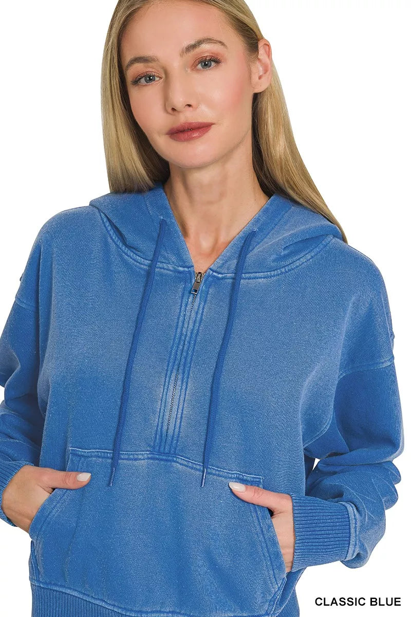 Zenana Fleece Hoodie Classic Blue Pigment Dye Half Zip Kangaroo Pocket Top 7d822caec6cf44ff8c1f52ab62023371-Max-Origin Trendsi