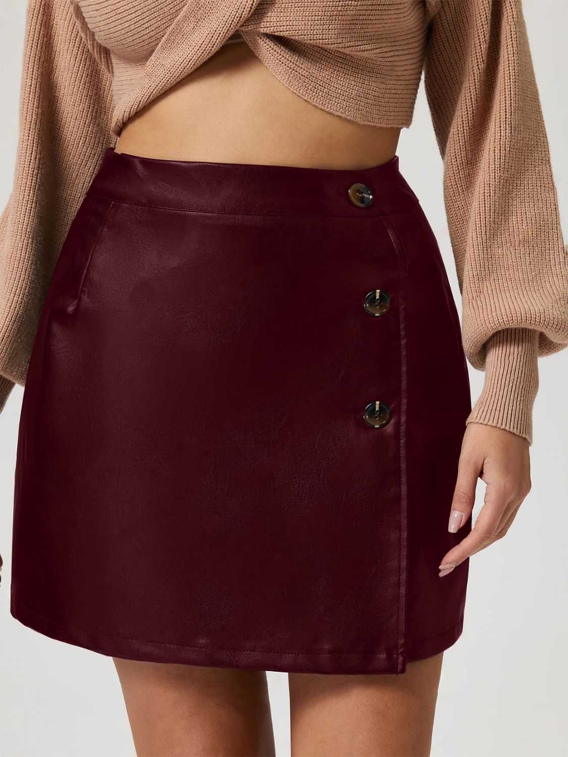 Mini Skirt Pu Leather Buttoned Front High Waisted Women Fashion Skirts