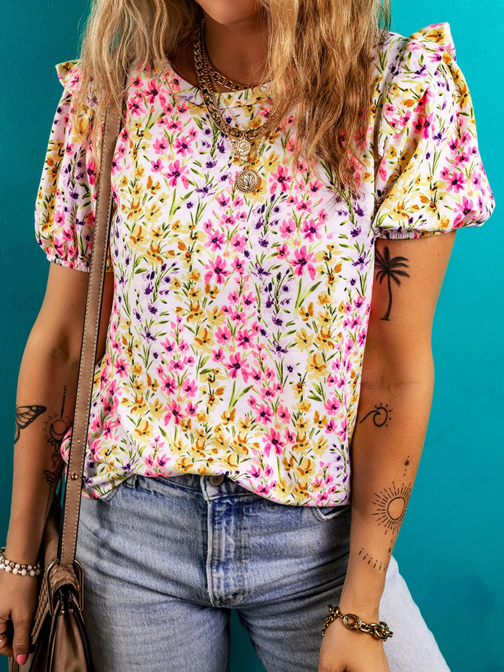 Floral Women's Blouse Puff Short Sleeve Crewneck Casual Ruffle Top 7d84791afba9479e8da2d936667222dc-Max-Origin Trendsi