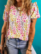 Floral Women's Blouse Puff Short Sleeve Crewneck Casual Ruffle Top 7d84791afba9479e8da2d936667222dc-Max-Origin Trendsi