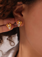 Bow Stud Earrings Zircon Titanium Steel 18K gold-plated Shell bead Jewelry Gold One Size 7d892f8f-98fb-4a06-88ee-7f1ab6d3eadd-Max Trendsi
