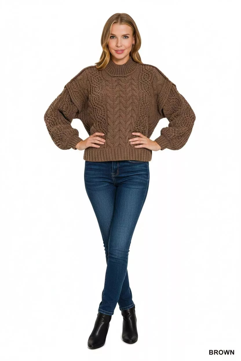 Zenana Womens Sweater Brown Cable-Knit Ribbed Turtleneck Pullover 7d8dbf14-e4f4-455f-aabb-050e348823e5-Max-Origin Trendsi