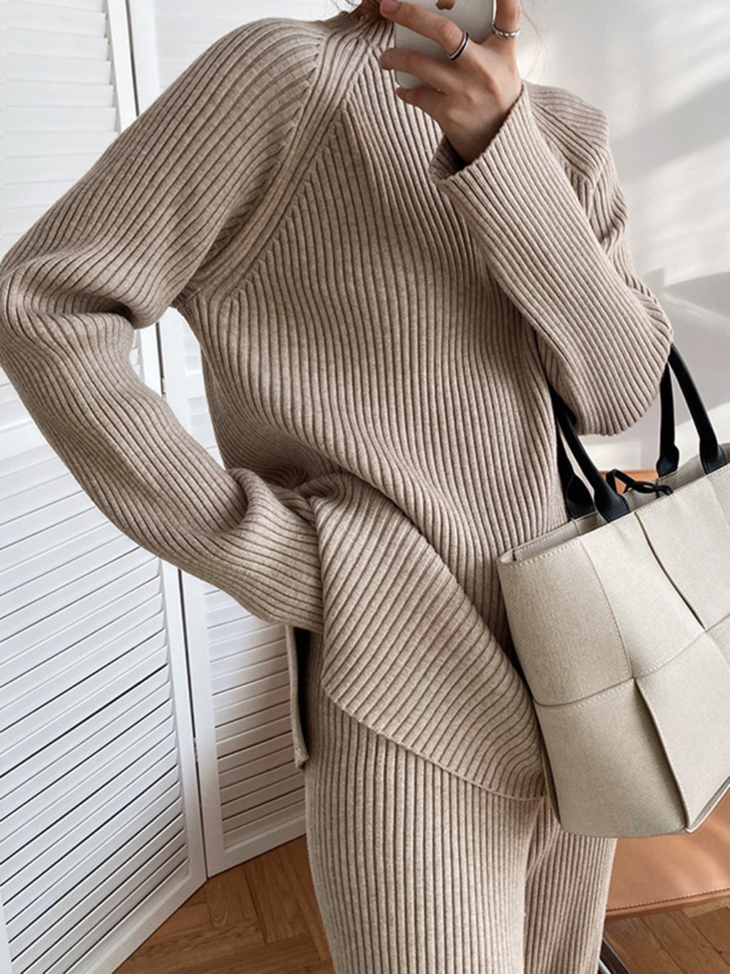 Women Sweater Set Mock Neck Raglan Sleeve Top and Pants 2 Pcs Set Dust Storm One Size 7d9077ad-bf01-448a-a0bb-4dcb9e44364e-Max Trendsi