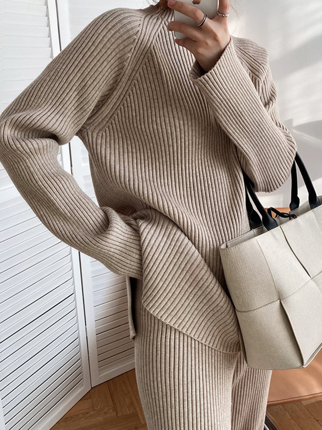 Women Sweater Set Mock Neck Raglan Sleeve Top and Pants 2 Pcs Set Dust Storm One Size 7d9077ad-bf01-448a-a0bb-4dcb9e44364e-Max Trendsi