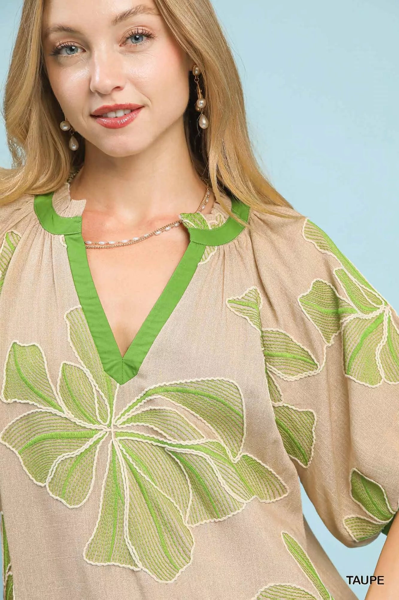 Umgee Womens Blouse Taupe Green Floral Embroidered V-Neck Short Sleeve Top 7d90b361-d4f4-4df1-b93f-3d38a71c96ce-Max-Origin Trendsi