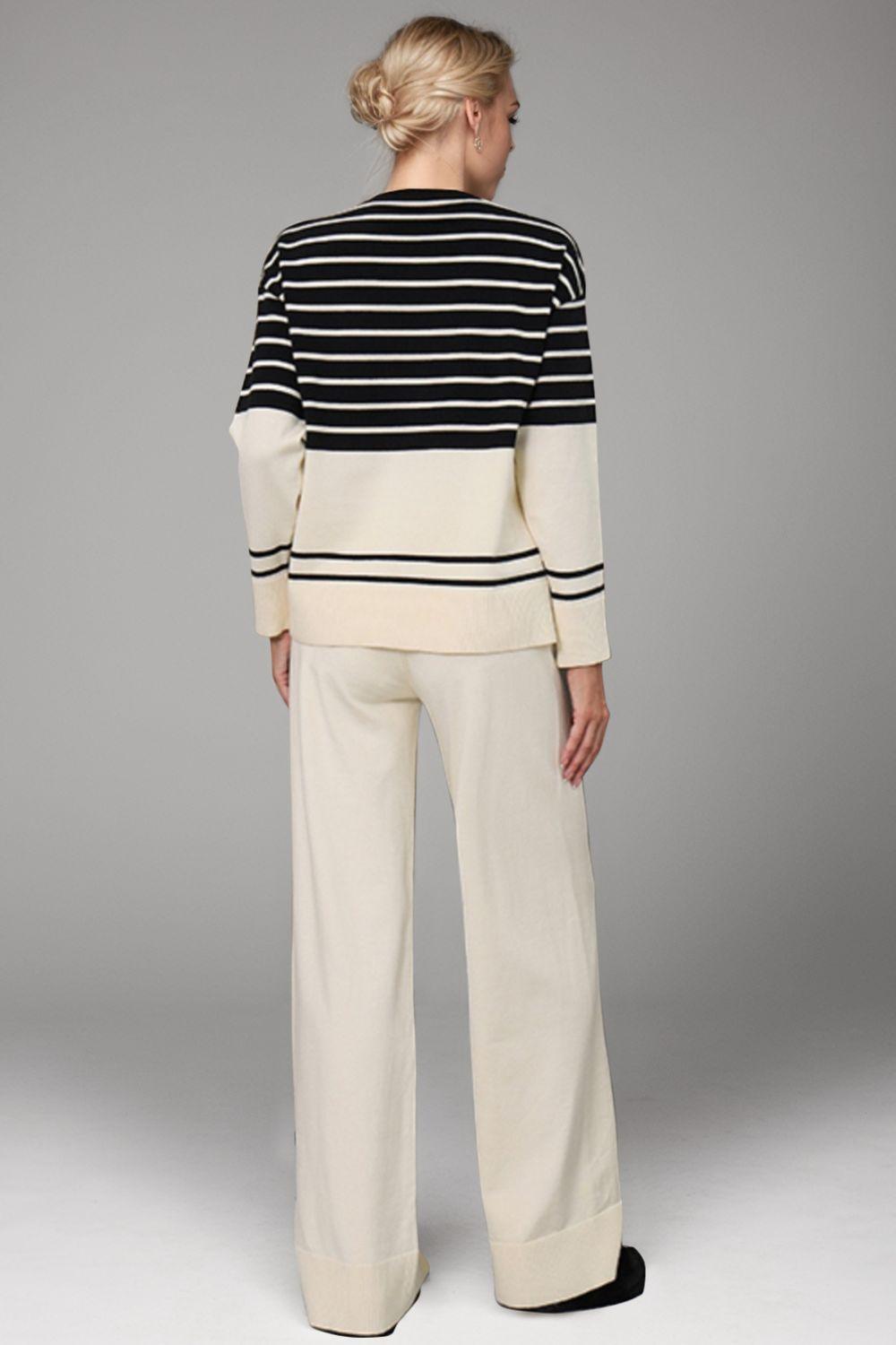 Basic Bae Outfit Sweater Set Striped Round Neck Long Sleeve Top and Pants Set